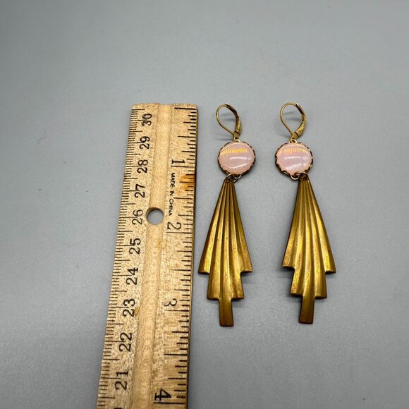 Vintage Pink Crystal Plated Dangle Drop Earrings Brass Tone Retro Classic - Picture 5 of 5